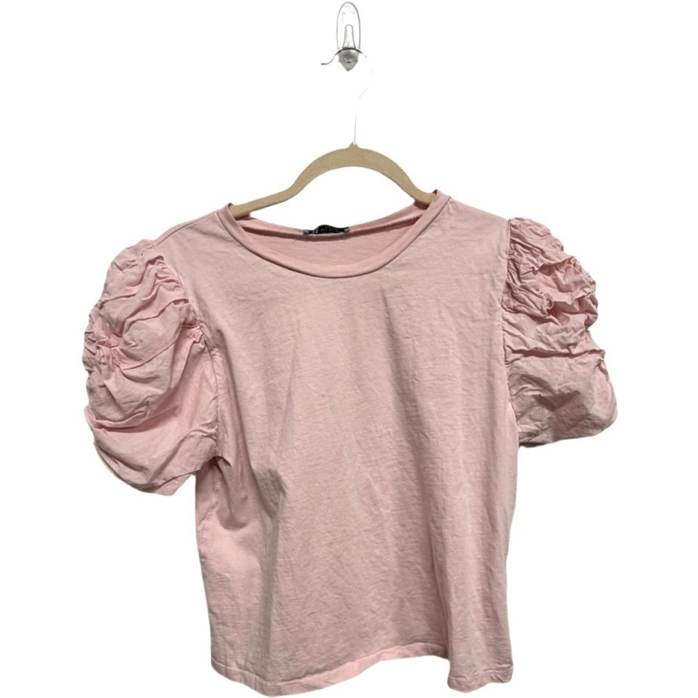 Zara Puff Sleeve Top Small Pale Pink Balloon Sleeve Cotton Blouse Feminine Chic